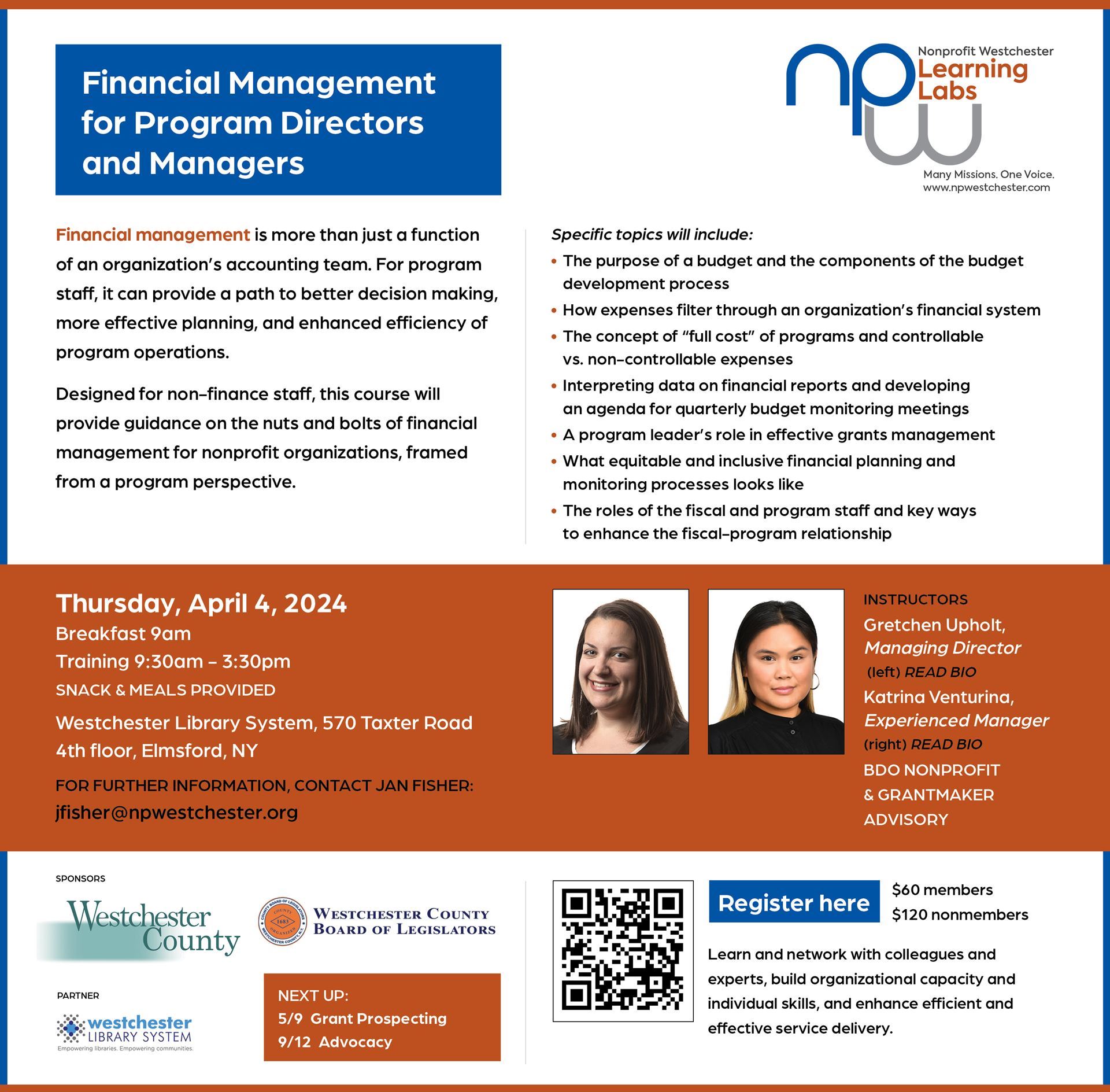Flier for NPW's Financial Management Learning Lab for Program Directors and Managers on April 4th. Full-day training course with instructors from BDO.